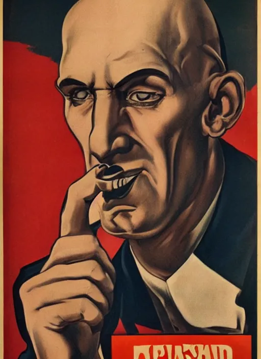 Image similar to portrait of glamorous bald medieval man with big nose and annoyed gesture,look of hate, threatening pose, 1940s propaganda poster, full hd,highly detailed