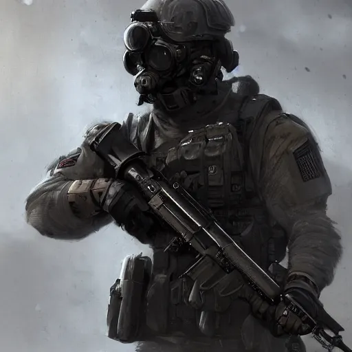 Image similar to Shellshocked Mercenary Special Forces soldier in grey uniform with black armored vest in 2020, by Cedric Peyravernay, highly detailed, excellent composition, cinematic concept art, dramatic lighting, trending on ArtStation