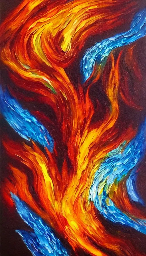 Image similar to oil painting of fire and water mixing together