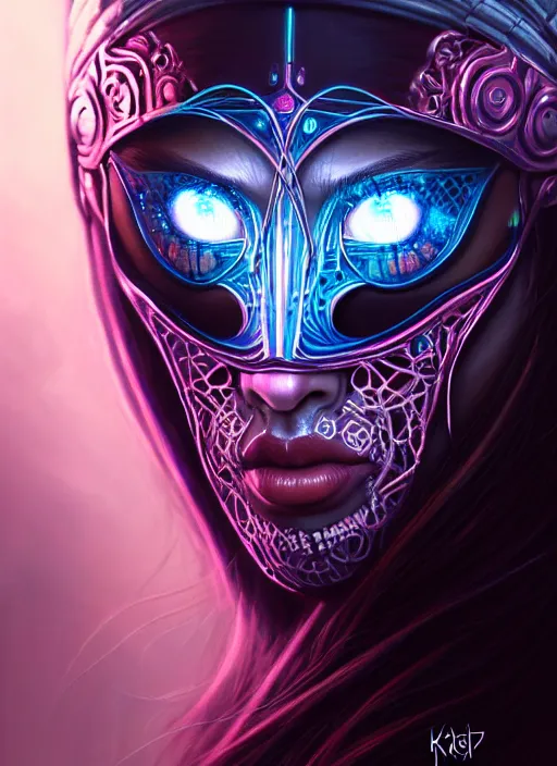 Image similar to closeup portrait shot of cyber a beautiful girl wearing a bandana mask in a scenic dystopian neon environment, intricate, elegant, highly detailed, centered, digital painting, artstation, concept art, smooth, sharp focus, illustration, artgerm, tomasz alen kopera, peter mohrbacher, donato giancola, joseph christian leyendecker, wlop,