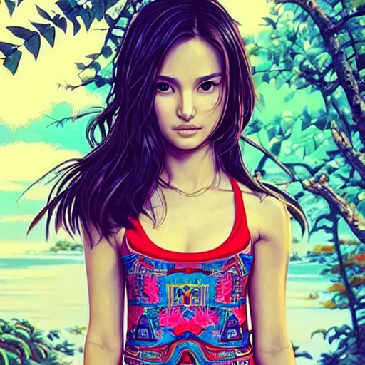 Prompt: a beautiful young japanese natalie portman alluring gravure model, wearing elaborate designer tank top, tank top with mesoamerican patterns, by akira toriyama and wlop and ilya kuvshinov and artgerm and, aesthetic, gorgeous, stunning, alluring, attractive, artstation, deviantart, pinterest, digital art