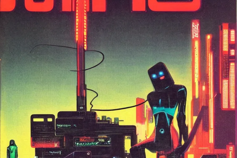 Prompt: 1979 OMNI Magazine Cover of a handheld retro electronic product with lights and cables neo-Tokyo in cyberpunk style by Vincent Di Fate