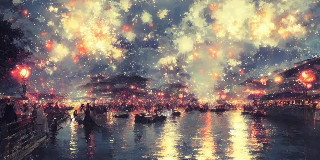 Image similar to anime kyoto animation key by greg rutkowski night, fireworks festival at river bank, kimono