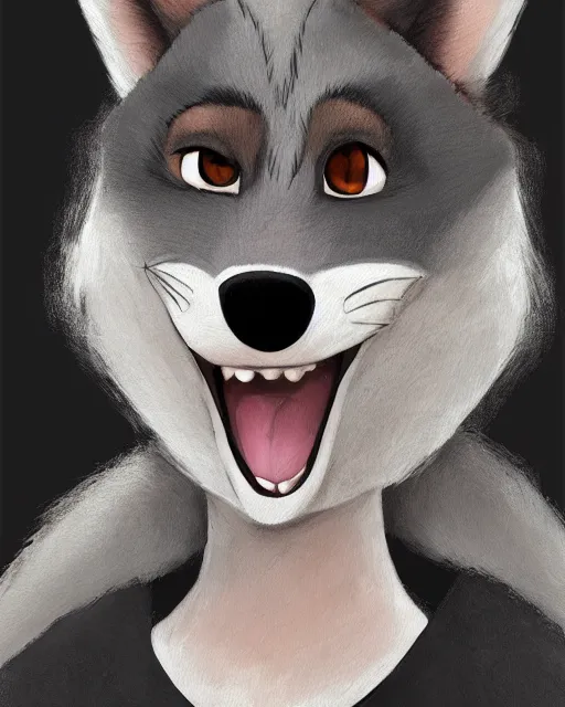 Image similar to full body oil painting of anthromorphic furry female wolf, in style of zootopia, female fursona, furry, furaffinity, 4 k, deviantart, furry art, fursona art, wearing black business suit, wearing black business suit, wolf fursona, female, very expressive detailed feminine face,