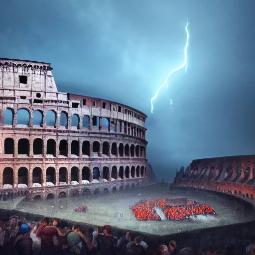 Image similar to a roman colosseum with a huge crowd of gladiators, rain, fog, lightning, volumetric light, blue hour, dusk, blue, teal, octane render, Cornelis Vreedenburgh, highly detailed