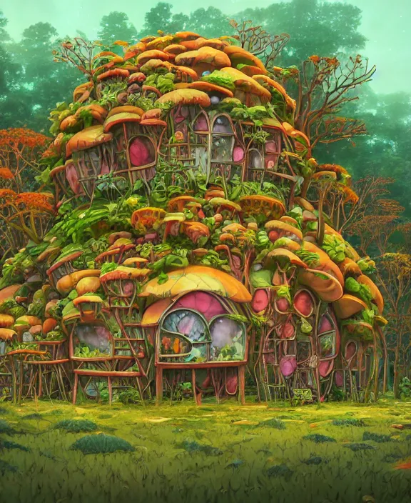 Image similar to a whimsical building made from food, overgrown with huge exotic fungus, deep in the woods, cheerful, stormy, by dan mumford, yusuke murata, makoto shinkai, ross tran, dreamy, cinematic, unreal engine, cel shaded, featured on artstation, pixiv