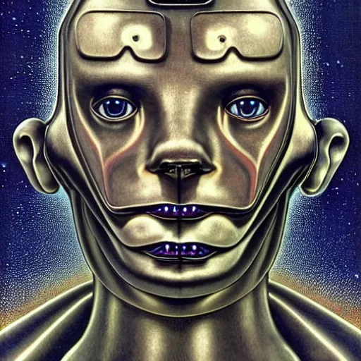 Prompt: rowan atkinson robot, dmt, large metal mustache, muted colors, benevolent, nebula background, glowing eyes, detailed realistic surreal retro robot in full regal attire. face portrait. art nouveau, visionary, baroque, giant fractal details. vertical symmetry by zdzisław beksinski, alphonse mucha. highly detailed, realistic