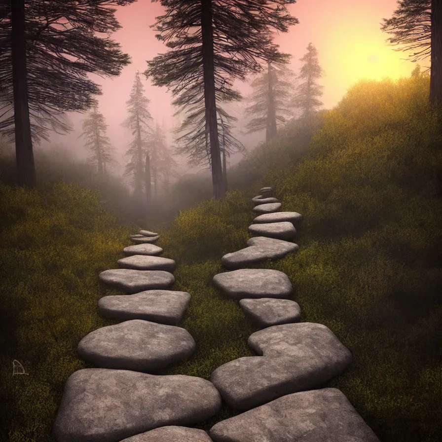 Prompt: surrealist abstract rendering of a stone path leading down the horizon through giant pine forests down a rocky mountain coast towards a majestic sunset. atmospheric foggy landscape, soft tones, psychedelic, ultra realistic, concept art, modern art, photorealistic, octane render.