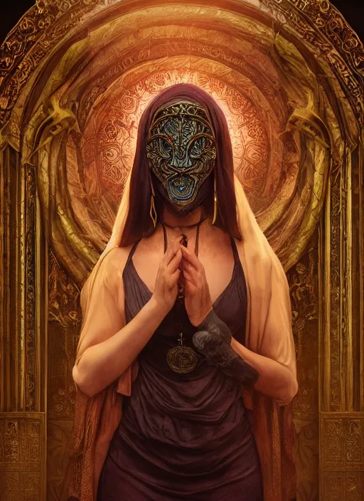 Image similar to inside covens den, diffuse lighting, textless hyper ornate wiccan masks, hdrp render, intricate wiccan facial detailing, highly detailed, lifelike, photorealistic, artstation, unreal 5, smooth, sharp focus, art by john collier, albert aublet, krenz cushart, artem demura, alphonse mucha