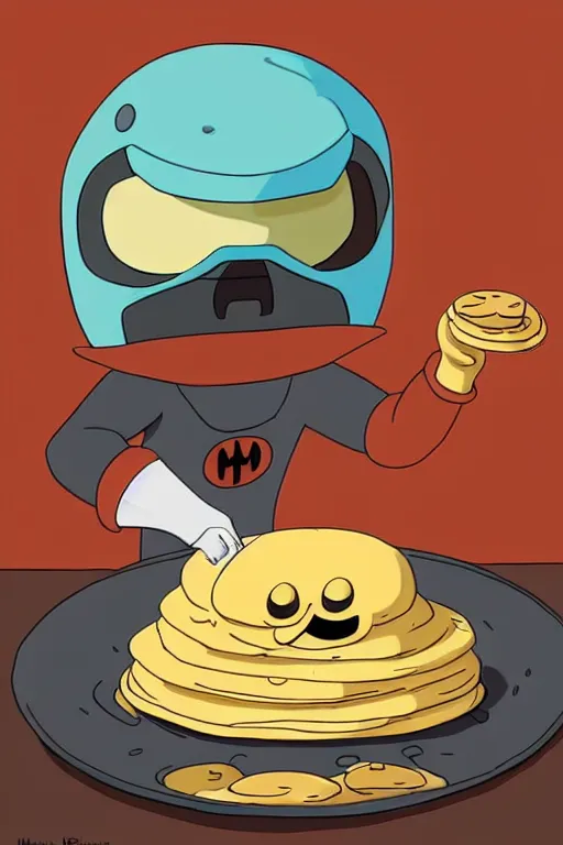 Image similar to mf doom making pancakes in style of adventure time, animation pixar style, by ( ( ( pendleton ward ) ) ), magali villeneuve, artgerm, rob rey and kentaro miura style, golden ratio, trending on art station