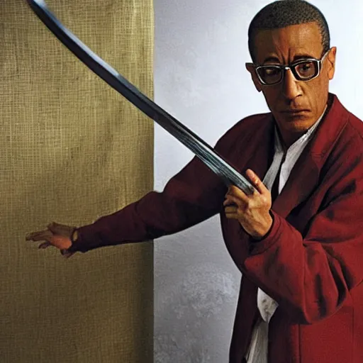 Prompt: Gus Fring with a daedric katana