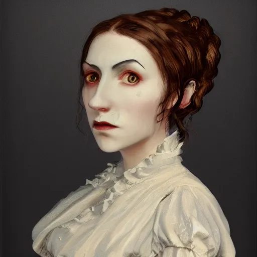 Prompt: head and shoulder professional portrait of a victorian female vampire, painted in the style of bloodborne, muted colors, vampire fashion
