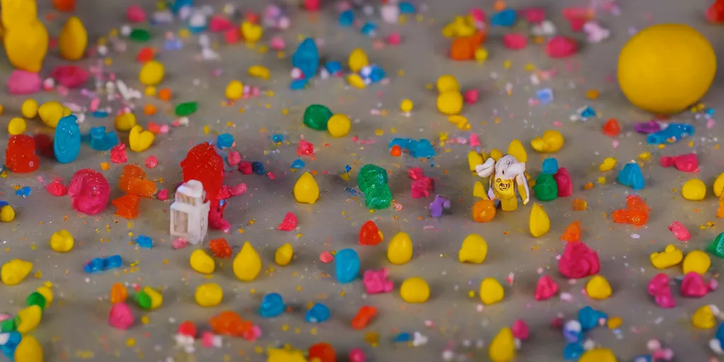 Image similar to a cinematic film still of a claymation stop motion film about a town made of lemons and candy, shallow depth of field, 8 0 mm, f 1. 8