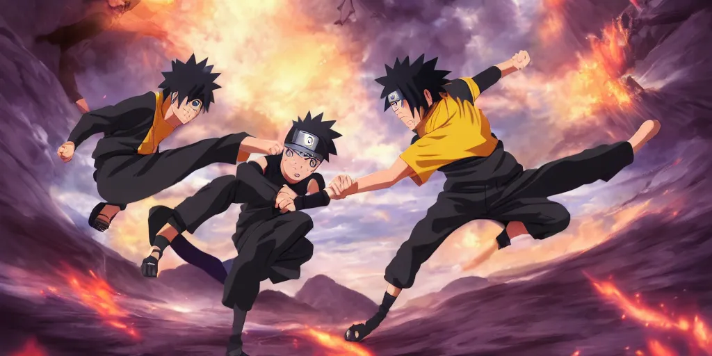 Prompt: [ naruto uzumaki and sasuke uchiha fight on a cliff ] by art by rossdraws, wlop, stephen bliss, unreal engine, loish, rhads, 4 k conceptual abstraction expressive, extremely coherent, highly detailed, sharp focus, perfect composition, smooth, ultra realistic, symmetrical