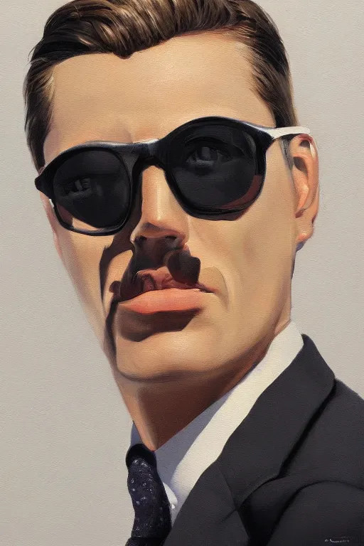 Prompt: a painting of a man wearing sunglasses and a suit, an ultrafine detailed painting by Anthony Palumbo, featured on behance, neo-figurative, ilya kuvshinov, oil on canvas, detailed painting