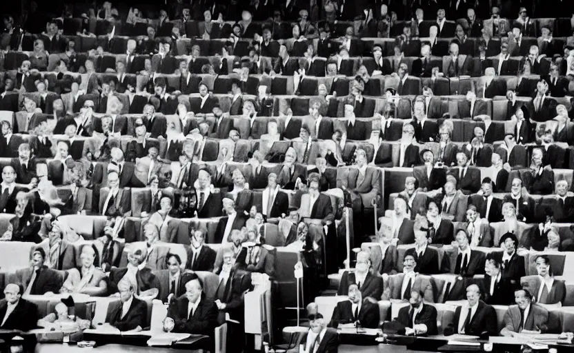 Prompt: 60s movie still of a soviet congress, by Irving Penn , Cinestill 800t 35mm black and white, heavy grainy picture, very detailed, high quality, 4k, HD criterion, precise texture, CCCP flag