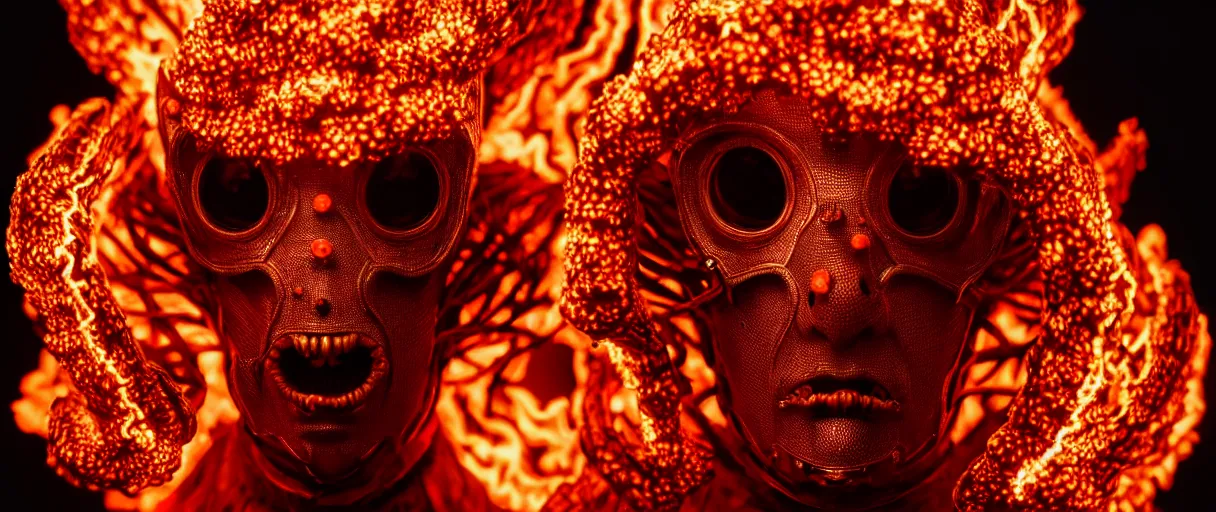 Image similar to hyperrealist highly detailed english medieval portrait of high fashion monster wearing flame fire smoke flame armor, radiating atomic neon corals, veiny network growth with neon magmapattern, concept art pascal blanche dramatic studio lighting 8k wide angle shallow depth of field