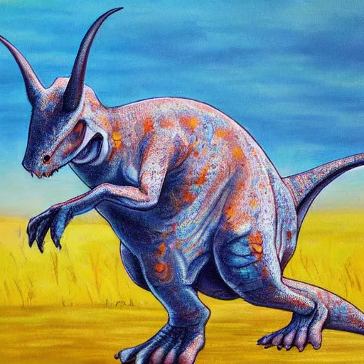 Image similar to mouse dino, epic pose, fine painting