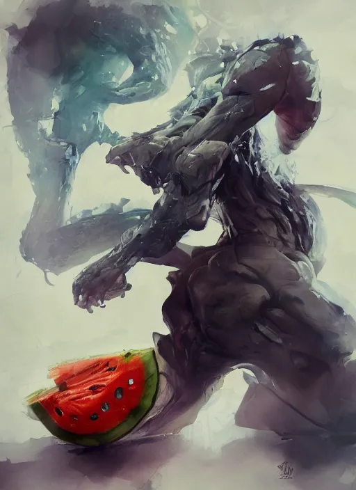 Image similar to semi reallistic gouache gesture painting, by yoshitaka amano, by ruan jia, by conrad roset, by dofus online artists, detailed anime 3 d render of an alien monstrous watermelon, portrait, cgsociety, artstation, rococo mechanical, digital reality, sf 5 ink style, dieselpunk atmosphere, gesture drawn