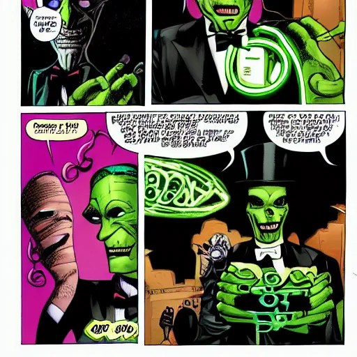 Image similar to tall, skinny, four - armed evil alien voodoo doctor wearing a black neon green tuxedo and top hat, marvel comic book double page