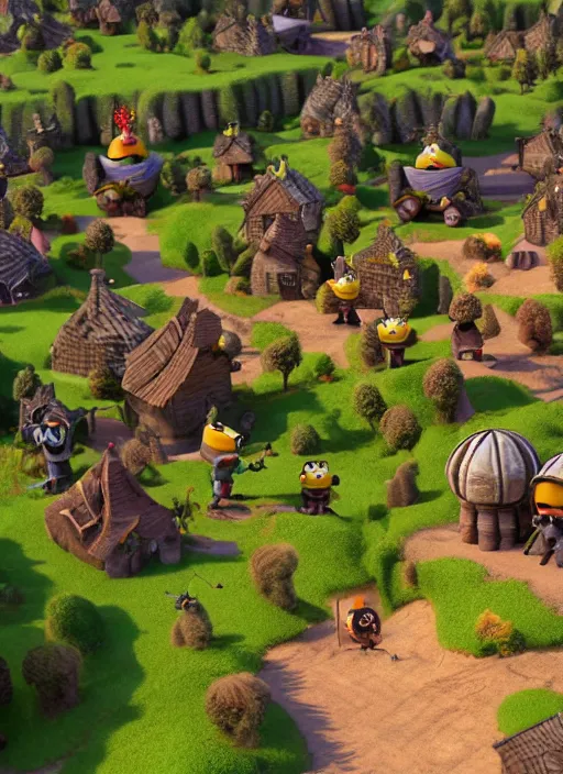 Image similar to king minion bob conquering anchient village with his minion army in pixar style, fantasy village, smooth render, unreal engine 5, high - quality