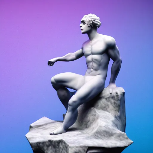 Prompt: unreal engine octane render houdini hyperreallistic render 8k marble statue of the minotaur vaporwave blue and pink neon background