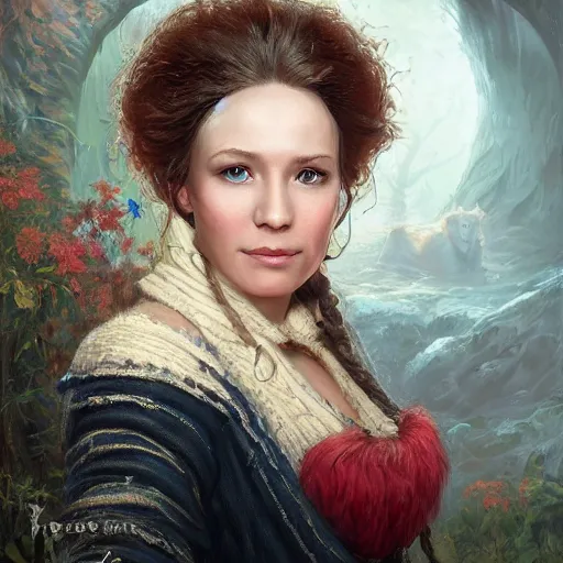 Prompt: portrait of a norwegian woman ( 3 5 ) from norway in 2 0 2 1, an oil painting by ross tran and thomas kincade