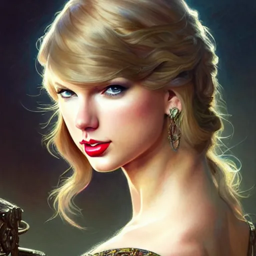 Image similar to Taylor Swift closeup, D&D style, fantasy, intricate, elegant, highly detailed, digital painting, artstation, concept art, matte, sharp focus, illustration, art by Artgerm and Greg Rutkowski and Alphonse Mucha