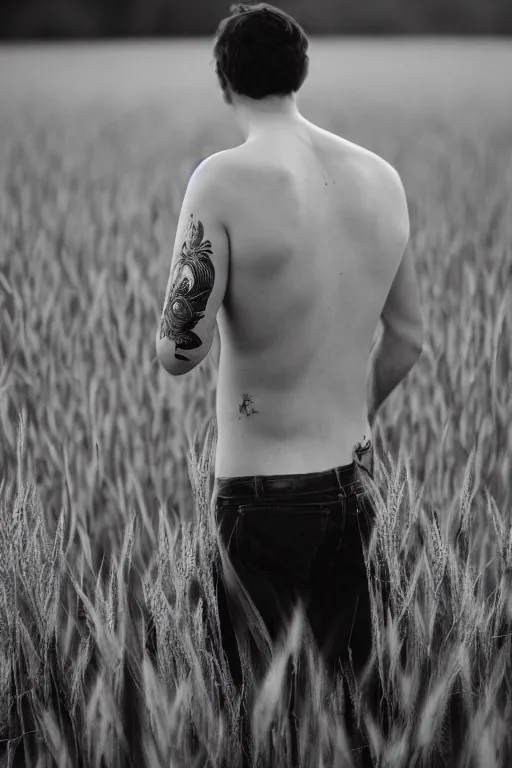 Prompt: agfa vista 4 0 0 photograph of a guy with intricate back tattoos standing in a wheat field, back view, lens flare, moody lighting, moody vibe, telephoto, 9 0 s vibe, blurry background, grain, tranquil, calm, faded!,