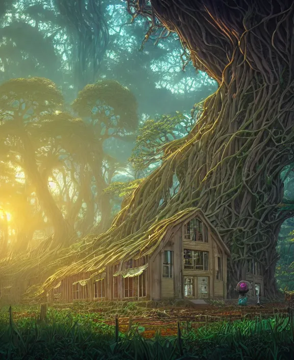 Prompt: a huge schoolhouse made from jellyfish, overgrown with huge exotic fungus, deep in the woods, noon, sun drenched, partly cloudy, by dan mumford, yusuke murata, makoto shinkai, ross tran, cinematic, unreal engine, cel shaded, featured on artstation, pixiv