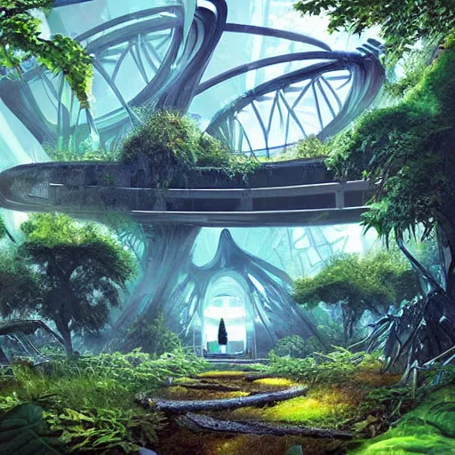 Image similar to stairs leading to a derelict portal in a middle of a lush futuristic forest, alien world seen through a portal, daylight, cinematic lighting, blue sky, syd mead, john harris