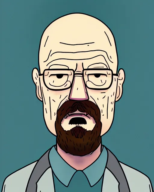 Image similar to portrait of walter white in the style of justin roiland. heisenberg from breaking bad. cinematic lighting. style of rick & morty. photographic, photography. by justin roiland