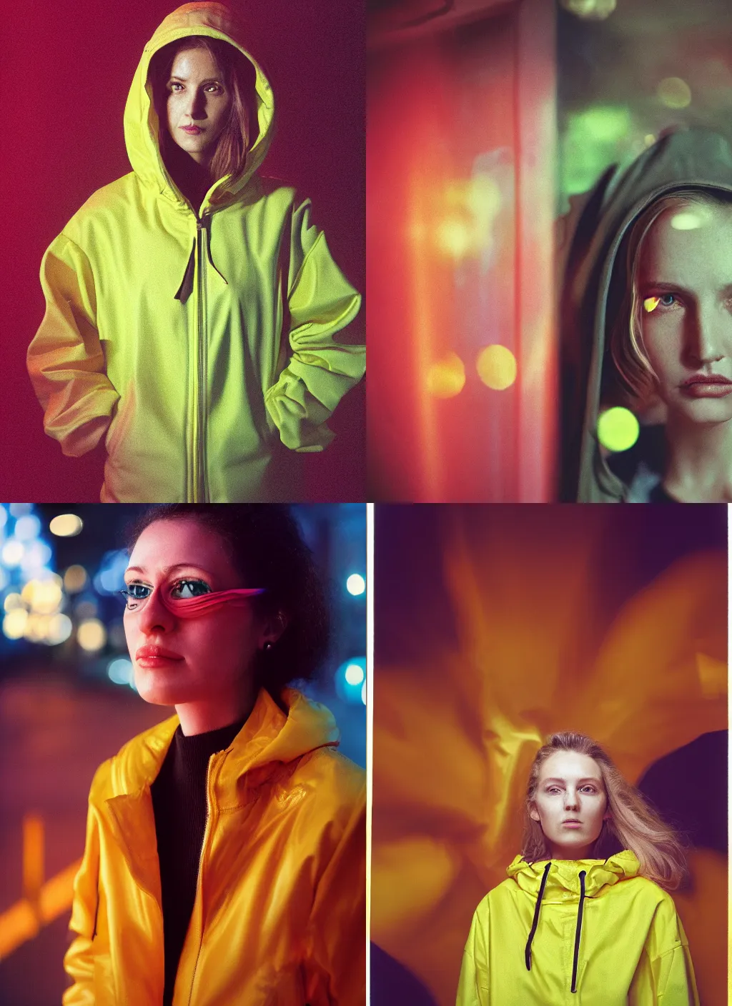 Image similar to A hyper realistic and detailed head portrait photography of a woman wearing a futuristic yellow raincoat with hoodie by annie leibovitz. Neo noir style. Cinematic. Swirly bokeh. Red neon lights and glow in the background. Cinestill 800T film. Lens flare.