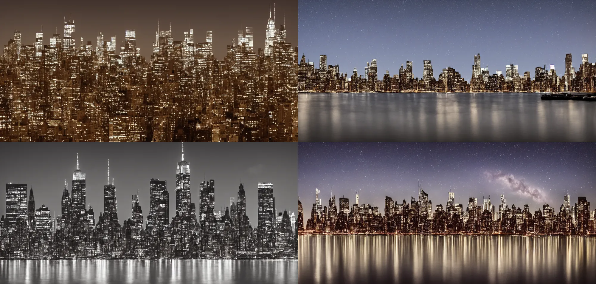 Prompt: New york city skyline at night stars and moon in sky water reflection-long exposure