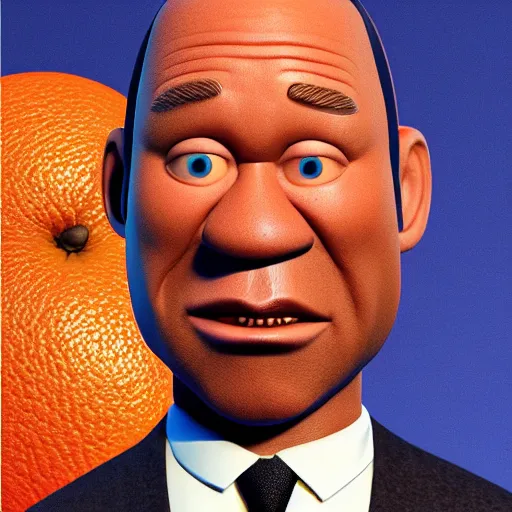 Image similar to oj simpson with orange l!!!! head, pixar character, stage background, pixar, 3 d,