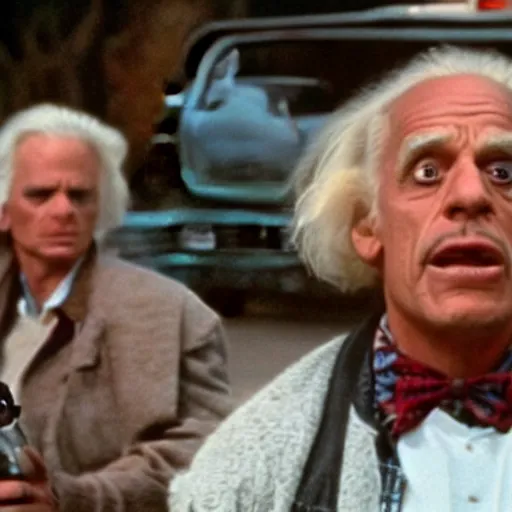 Image similar to deleted footage from back to the future part II, Doc Brown smoking a bong