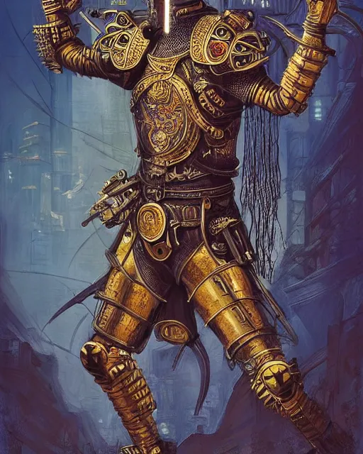 Image similar to a cyberpunk spanish conquistador wearing ornate armor in battle, art by nicola saviori, symmetric, handsome, golden ratio, jungle