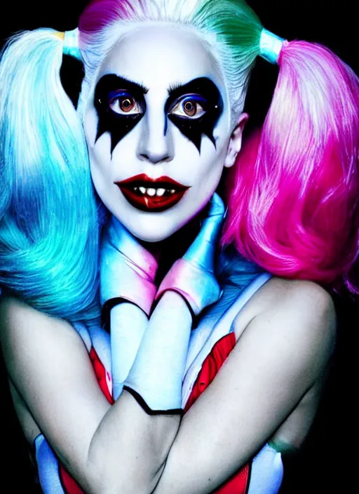 Prompt: portrait of Lady Gaga portraying Harley Quinn while dancing in the movie Joker 2023, dramatic cinematic lighting, extremely detailed facial features, award winning photograph by Annie Leibovitz, 8k