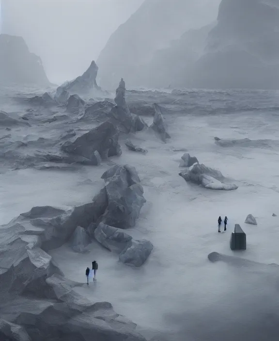 Prompt: surreal romantic prometheus horizontal white exploration base, building architecture by ruan jia, futuristic blame, white architecture in the beach in iceland, foggy, highly detailed, digital painting, arstation, concept art, hyperealistic octane render, unreal engine