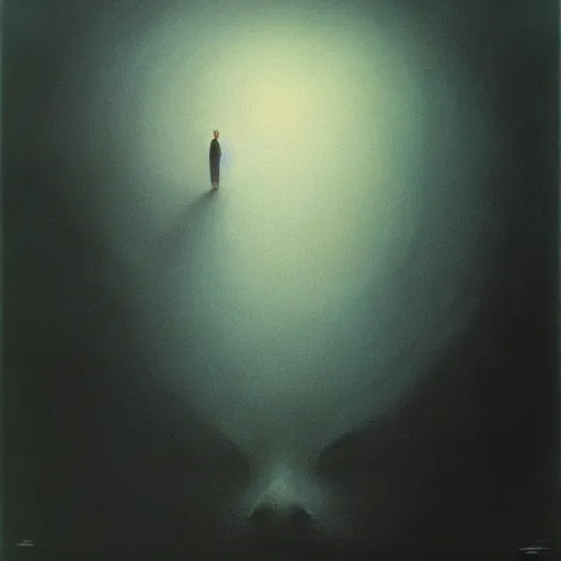 Image similar to when you look too long at the abyss the abyss looks back at you. by zdzislaw beksinski, hyperrealistic photorealism acrylic on canvas, resembling a high resolution photograph