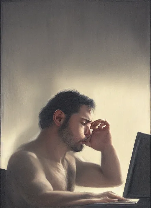 Prompt: insanely detailed chiaroscuro image of a exhausted - looking husky casually - dressed programmer guy on his knees facing his glowing ultrawide computer monitor monitor begging it for forgiveness, oil on canvas, masterwork, fine detail, trending on artstation, emotive, insanely compelling, ryden, koons, moebius