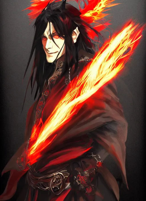 Image similar to Half body portrait of a handsome elf fire mage with long black hair wearing ornate scarlet robe, crazy grin, flame, anarchy. In style of Yoji Shinkawa and Hyung-tae Kim, trending on ArtStation, dark fantasy, great composition, concept art, highly detailed, dynamic pose.