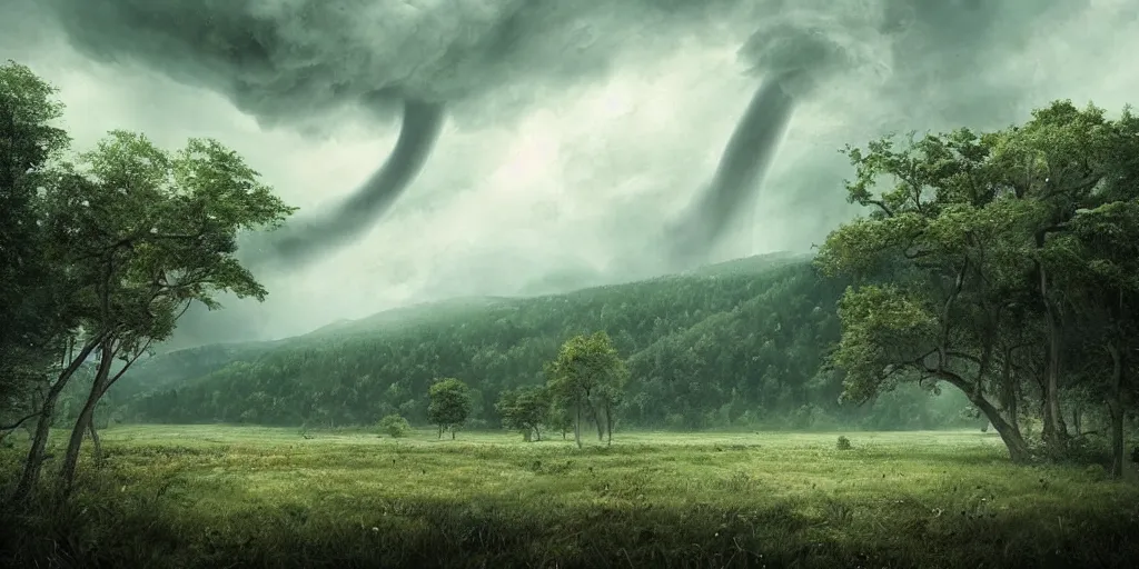 Image similar to A tornado in a beautiful scenic landscape, nature, trees, wide angle, super highly detailed, professional digital painting, artstation, concept art, smooth, sharp focus, no blur, no dof, extreme illustration, Unreal Engine 5, Photorealism, HD quality, 8k resolution, cinema 4d, 3D, beautiful, cinematic, art by artgerm and greg rutkowski and alphonse mucha and loish and WLOP