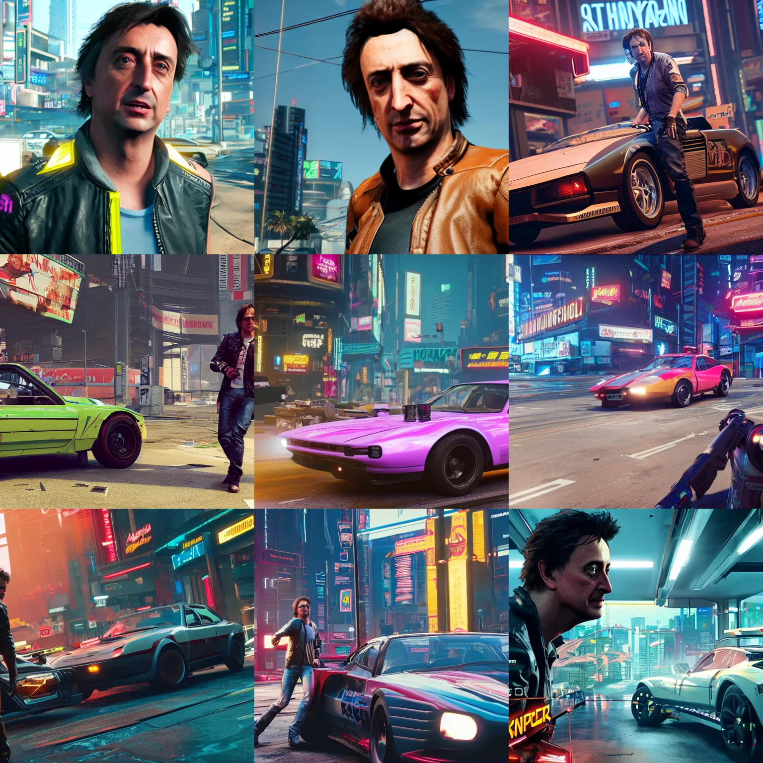 Prompt: gameplay screenshot of richard hammond in cyberpunk 2 0 7 7