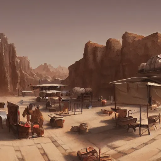 Prompt: matte painting of a quiet marketplace in a desert town, artstation