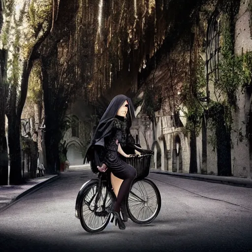 Prompt: the image is a gothic romanism space lost hollywood film still 2 0 0 0 s photograph of a scene of a woman bicycling. vibrant cinematography, anamorphic lenses, crisp, detailed image in 4 k resolution.
