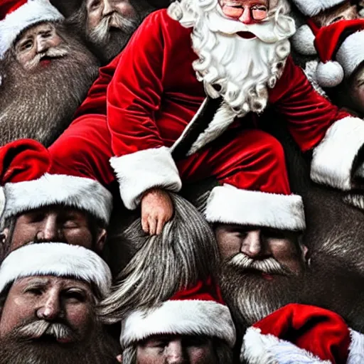 Image similar to UHD candid photo of Santa in front of a pile of dead dwarves, with accurate face, UHD, photorealistic, correct face, photo by Annie Leibovitz