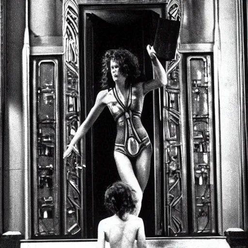 Prompt: detailed still of beautiful Ripley-Sigourney Weaver- wearing a white singlet and cat Jonesy moving apartment New York City 1983, gothic building entrance way Art Deco H.R. Giger, cinematic feel, high octane