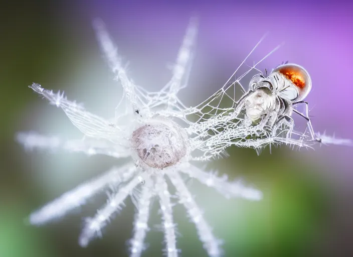 Image similar to super macro of a clear white crystal spider on a flower, in the forest. Fantasy magic style. Highly detailed 8k. Intricate. Nikon d850 300mm. Award winning photography.