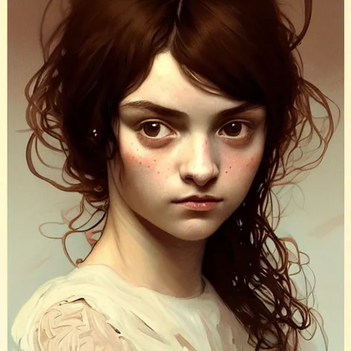 Image similar to portrait of a welsh teenage girl with brown hair, glowing skin, delicate features, amelie poulain, fantasy, intricate, elegant, dress shirt, highly detailed, digital painting, artstation, concept art, smooth, sharp focus, illustration, art by Krenz Cushart and Artem Demura and alphonse mucha